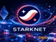 Cinematic Starknet Layer 2 illustration showing the Starknet logo in a futuristic network environment with glowing blockchain elements.