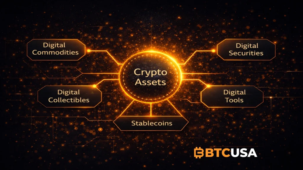 Crypto asset taxonomy infographic showing digital commodities, collectibles, tools, stablecoins and securities connected to a central crypto assets node