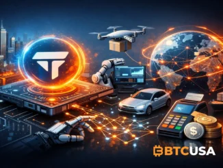 Futuristic illustration of Tempo mainnet ecosystem showing agentic commerce with drones, robotics, global payments network and stablecoin infrastructure