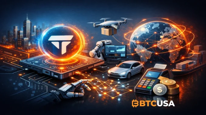 Futuristic illustration of Tempo mainnet ecosystem showing agentic commerce with drones, robotics, global payments network and stablecoin infrastructure