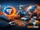 Futuristic illustration of Tempo mainnet ecosystem showing agentic commerce with drones, robotics, global payments network and stablecoin infrastructure
