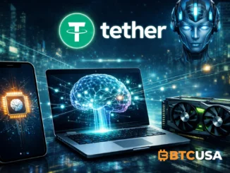 Tether-branded futuristic AI illustration showing a smartphone, laptop, and GPU connected to a local intelligence concept, representing QVAC Fabric and on-device BitNet fine-tuning