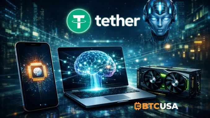 Tether-branded futuristic AI illustration showing a smartphone, laptop, and GPU connected to a local intelligence concept, representing QVAC Fabric and on-device BitNet fine-tuning