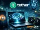 Tether-branded futuristic AI illustration showing a smartphone, laptop, and GPU connected to a local intelligence concept, representing QVAC Fabric and on-device BitNet fine-tuning
