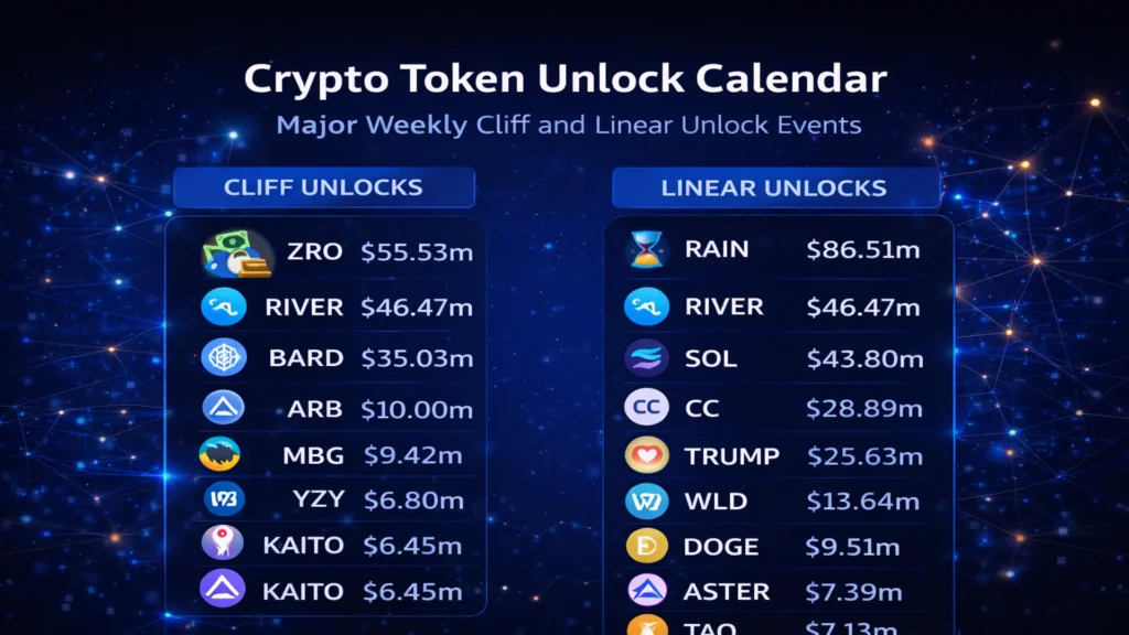 Crypto token unlock calendar showing major cliff and linear unlock events including ZRO, ARB, SOL, WLD, TRUMP, and TAO with corresponding dollar values for the week. 