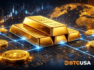 Tokenized gold bars placed on a digital blockchain circuit with a glowing global network background, symbolizing the rise of on-chain real-world assets and tokenized commodities in crypto markets.