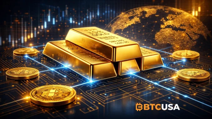 Tokenized gold bars placed on a digital blockchain circuit with a glowing global network background, symbolizing the rise of on-chain real-world assets and tokenized commodities in crypto markets.