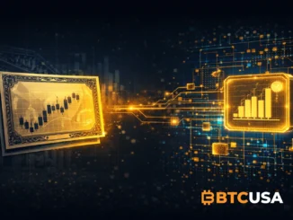Illustration showing transformation of a traditional stock into a tokenized digital asset on blockchain, connected by glowing data streams in a dark blue and gold financial theme