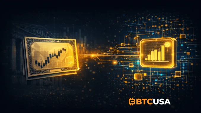 Illustration showing transformation of a traditional stock into a tokenized digital asset on blockchain, connected by glowing data streams in a dark blue and gold financial theme