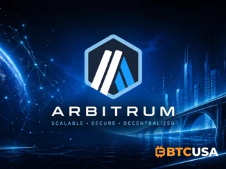Futuristic Arbitrum hero image with glowing blue blockchain network, digital globe, modern city skyline, and Arbitrum branding in a dark cinematic tech environment