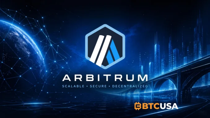 Futuristic Arbitrum hero image with glowing blue blockchain network, digital globe, modern city skyline, and Arbitrum branding in a dark cinematic tech environment