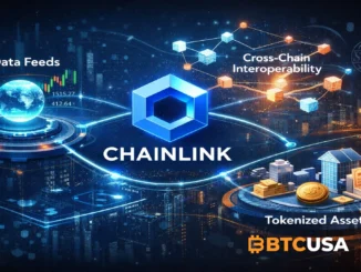 A digital illustration showing Chainlink as core infrastructure for onchain finance, connecting data feeds, cross-chain interoperability, and tokenized asset systems across blockchain networks.