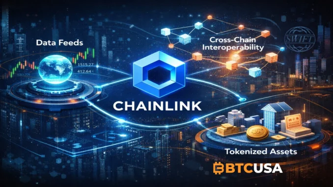 A digital illustration showing Chainlink as core infrastructure for onchain finance, connecting data feeds, cross-chain interoperability, and tokenized asset systems across blockchain networks.