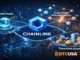 A digital illustration showing Chainlink as core infrastructure for onchain finance, connecting data feeds, cross-chain interoperability, and tokenized asset systems across blockchain networks.