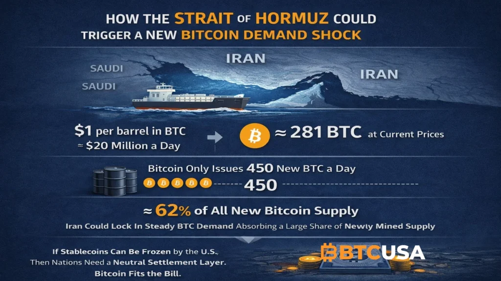 Bitcoin demand shock infographic showing Strait of Hormuz oil transit fees in BTC compared to daily Bitcoin issuance and supply dynamics