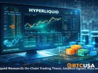 A futuristic digital illustration of Hyperliquid as an on-chain trading platform, showing a trading terminal connected to validators, vaults, HYPE-based infrastructure, and cross-chain market activity.