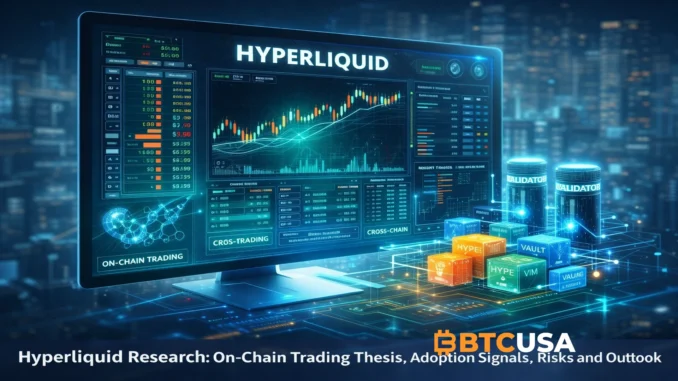 A futuristic digital illustration of Hyperliquid as an on-chain trading platform, showing a trading terminal connected to validators, vaults, HYPE-based infrastructure, and cross-chain market activity.
