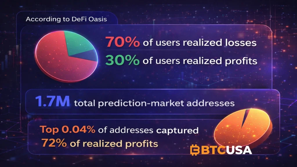 Infographic showing Polymarket user-profit distribution data, with roughly 70% of users in losses, 30% in profits, about 1.7 million prediction-market addresses, and a tiny top cohort capturing most realized gains.