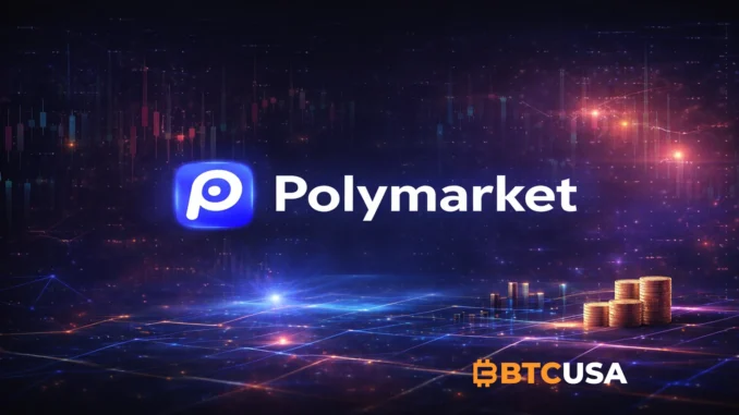 Cinematic Polymarket-themed illustration showing the Polymarket logo centered against a dark blue-purple financial backdrop with subtle glowing market lines and stacked coins, symbolizing prediction-market trading and onchain liquidity.